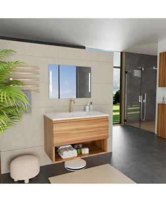 29" Wall Mounted Bathroom Vanity with Sink, Modern Walnut MDF Cabinet, Large Drawer Storage for Small Space