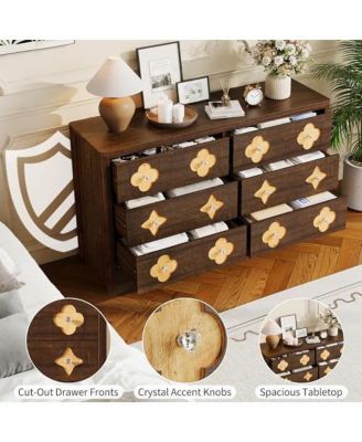 6 Drawer Dresser for Bedroom, 47.2'' Wide Dresser, Boho Chest of Drawers, Wooden Chest with Clothes Storage Cabinet