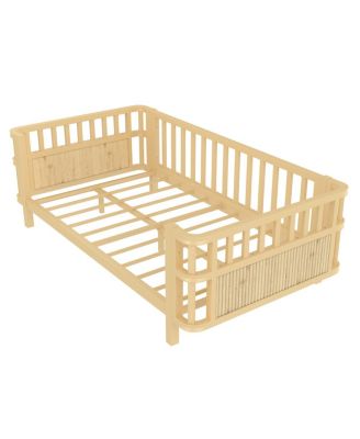 Children's double wooden platform bed with railings (Twin, Natural)