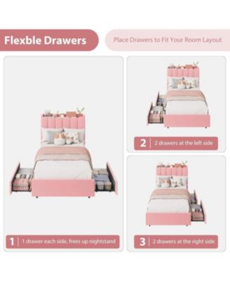 Frame with LED Storage Headboard Kids Platform Bed with 2 Drawers Boucle Upholstered Wave Headboard Bookcase