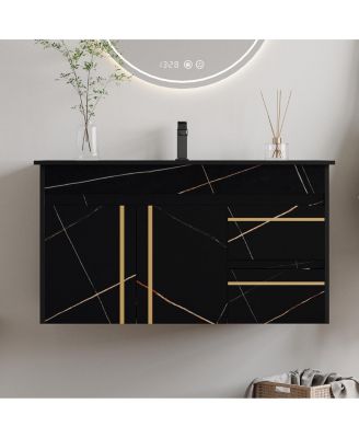 Floating Bathroom Vanity with Faux Marable Top, Integrated Ceramic Sink, Soft Close Drawers, Luxury Modern