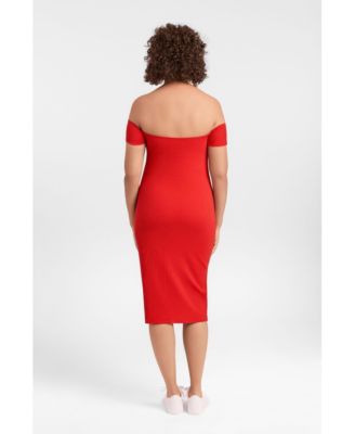 Women's Off the Shoulder Straight Neck Ribbed Sculpting Midi Dress