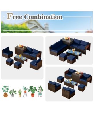 8 PCS Outdoor Wicker Furniture Set w/Storage Box Tempered Glass Table 2 Ottomans