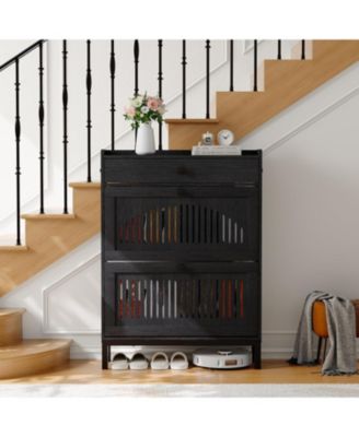 Modern Wooden Shoe Storage Cabinet – 2 Turn Drawers, Large Top Drawer, Adjustable Shelves, Hidden Organizer, Space-Saving, Ideal