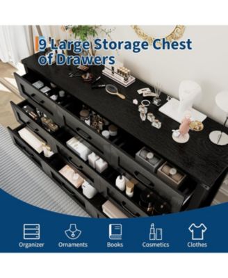 59" Wide 9-Drawer Dresser for Bedroom, Farmhouse Tall Wooden Chest of Drawers with Mid Century Modern Style