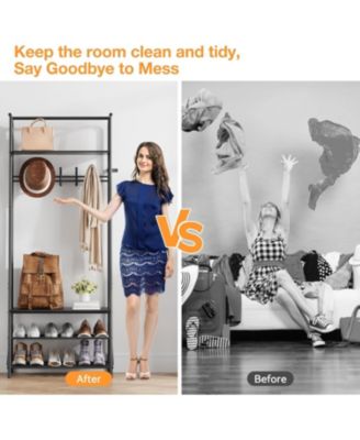 Hall Tree Coat Rack with Shoe Storage Bench, 5 Hooks, Metal Frame & Wood Look Design, 60cm Wide Entryway Organizer