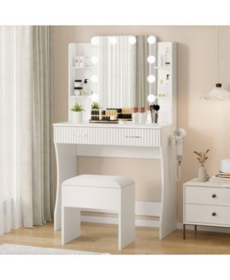Modern Makeup Vanity Set with 12-LED Mirror, Stool, 2 Drawers, Shelves and Power Outlet