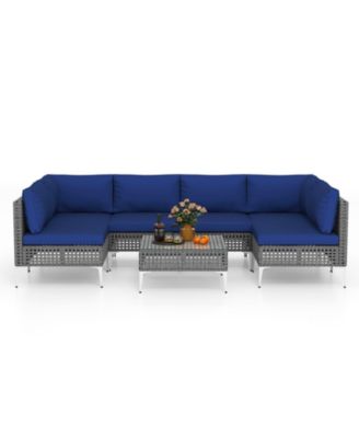 Set Of 7 Piece Outdoor Furniture Set w/Seat & Back Cushions Tempered Glass Coffee Table