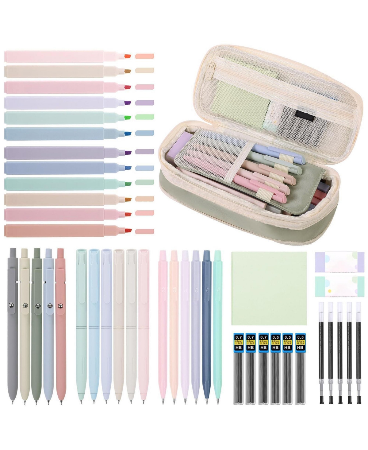 Htutwoo 44 Pcs School Supplies with Highlighters, Erasers, Pencil Case, Pad Sticky Notes, Mechanical Pencils