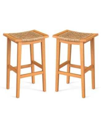 Set of 2 Outdoor Acacia Wood Bar Stools with PE Rattan Seats and Backs