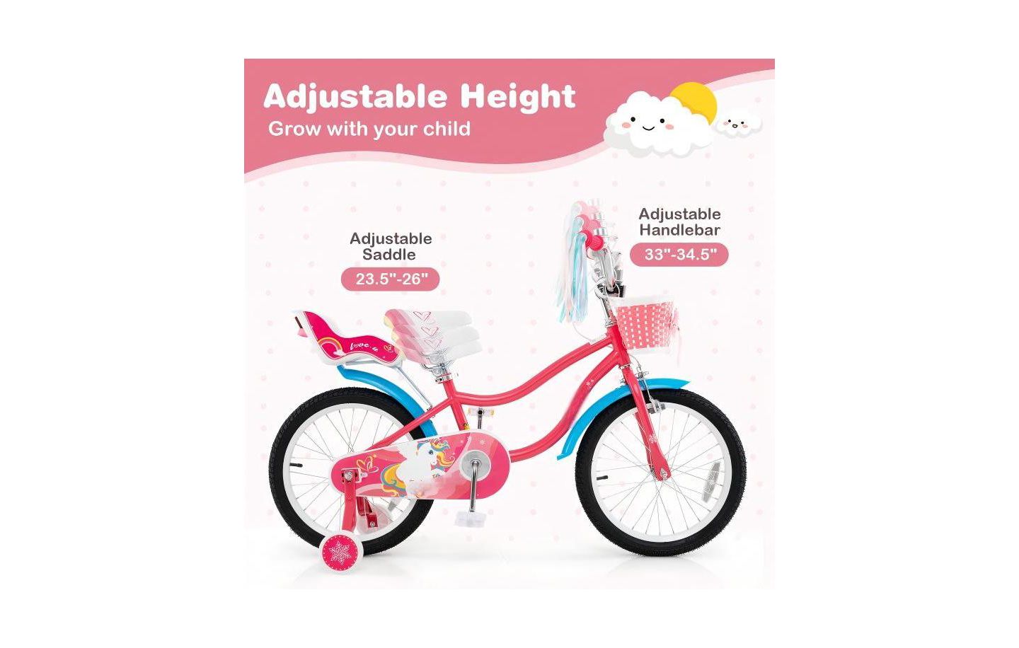 Детская игрушка HONGGE 18 Inch Adjustable Girls Bike with Doll Seat, Ages 3-5, цвет: Розовый — фото 8