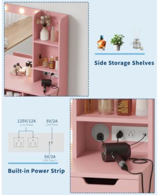 Kids Vanity Desk with 3-Color Touch Control Tri-Fold Lighted Mirror