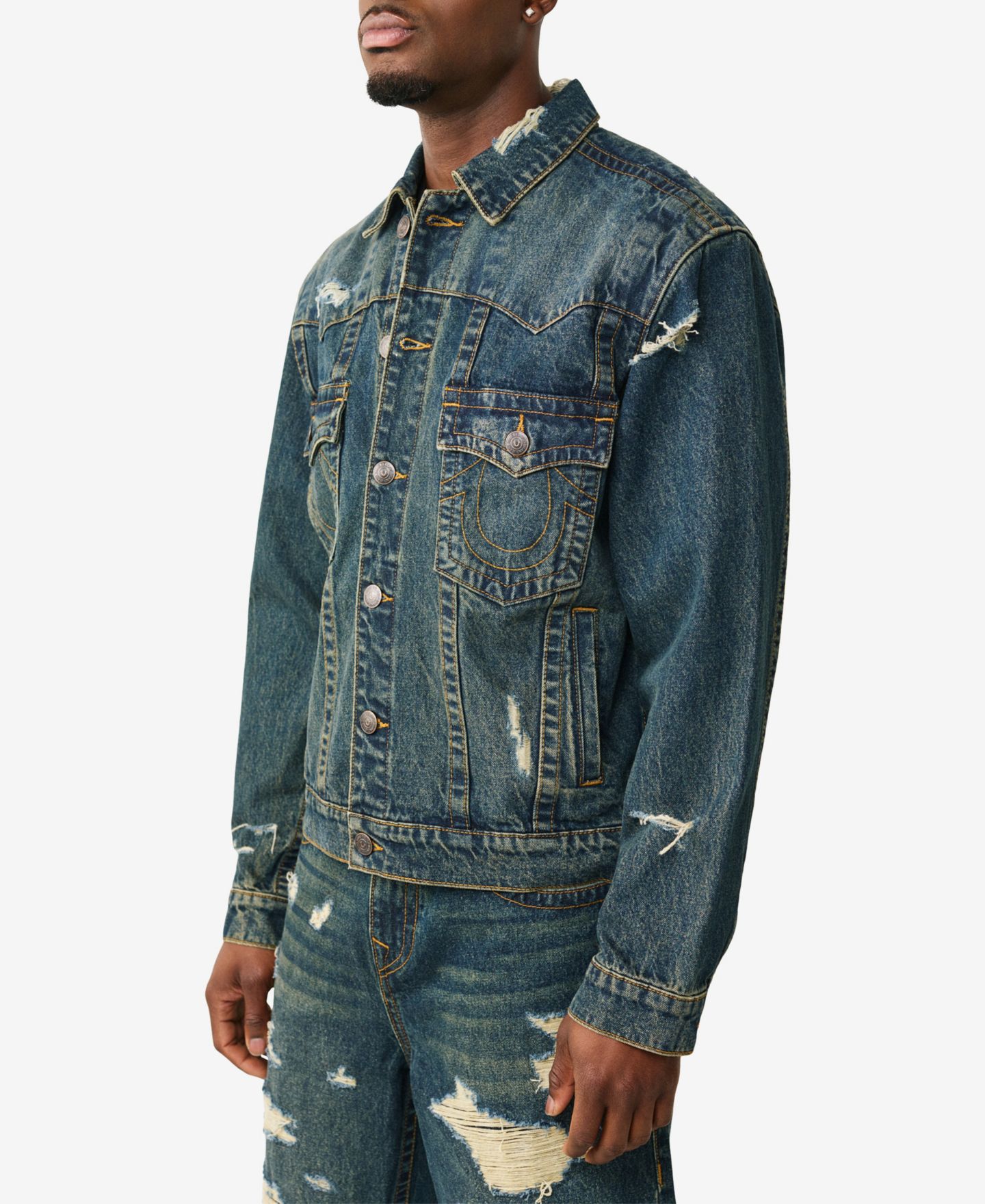 Мужская куртка True Religion Collared Destroyed Oversized, цвет: Джинсовая тёмная варка — фото 2