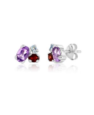 Sterling Silver, Multi-Oval Gem Studs - Amethyst, Garnet