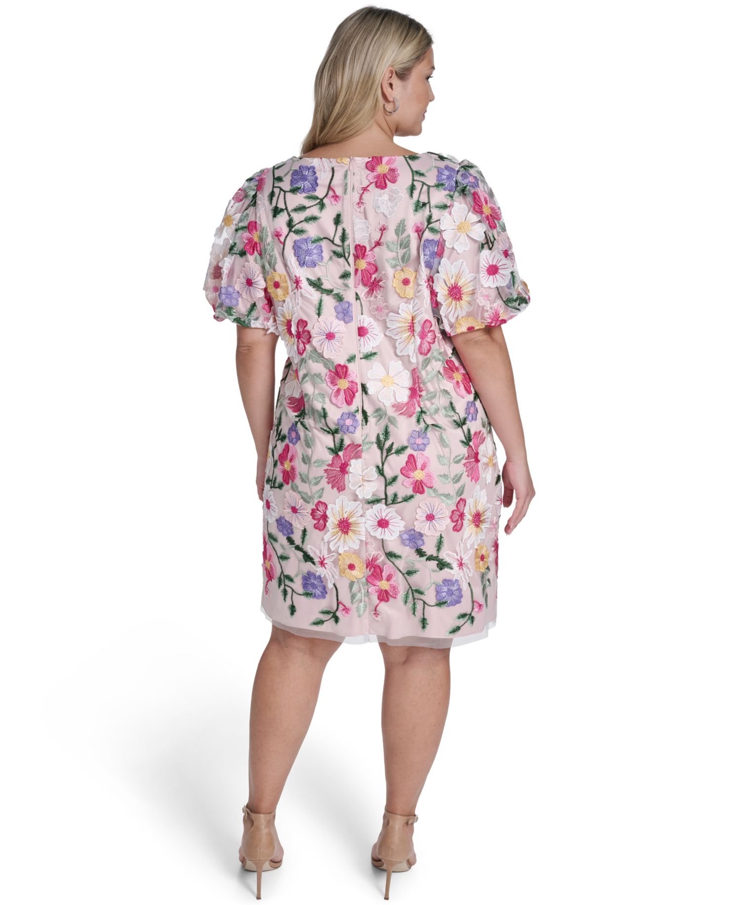 Petite Boat Neck Floral Embroidered Mesh Dress