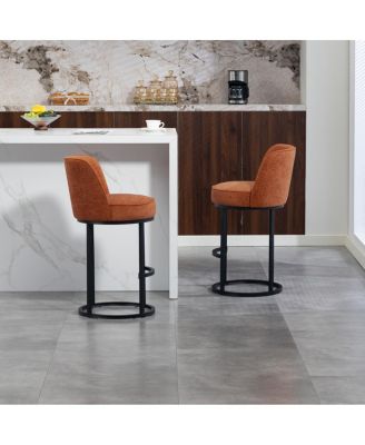 Counter Height Bar Stools Set of 2, Modern Barrel Stools with Backrest, Linen Fabric