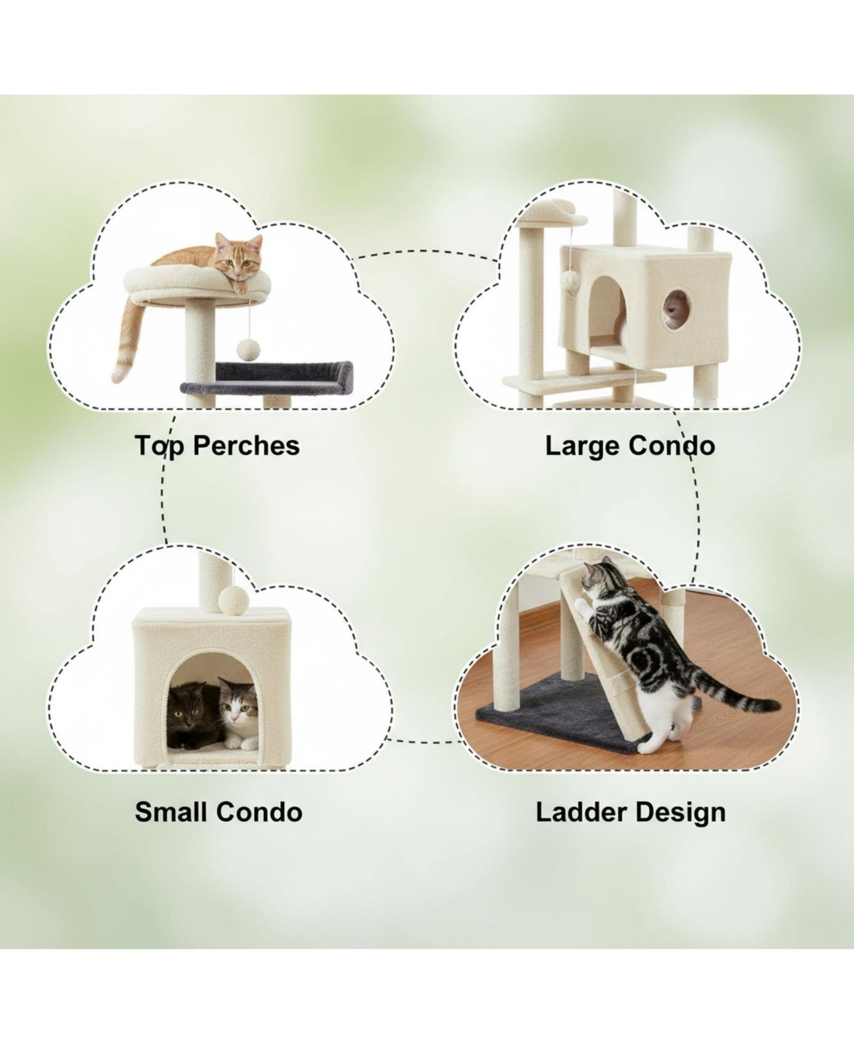 Aronkl Multi-level Cat Tree Tower with Cat-ear Perch 2 Caves Sisal Posts Climbing Ladder Replaceable Balls Pet Activity Center