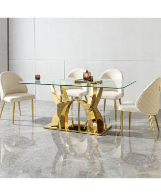 Luxury Glass Dining Table for 6, Clear Glass Top, Gold Curved Base