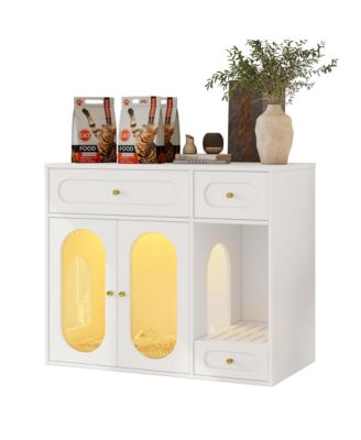 Cat Litter Box Enclosure with LED Light – End Table with Storage Drawers & Acrylic Doors