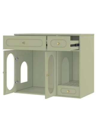 Cat Litter Box Enclosure with LED Light – White End Table with Storage Drawers & Acrylic Doors, Green