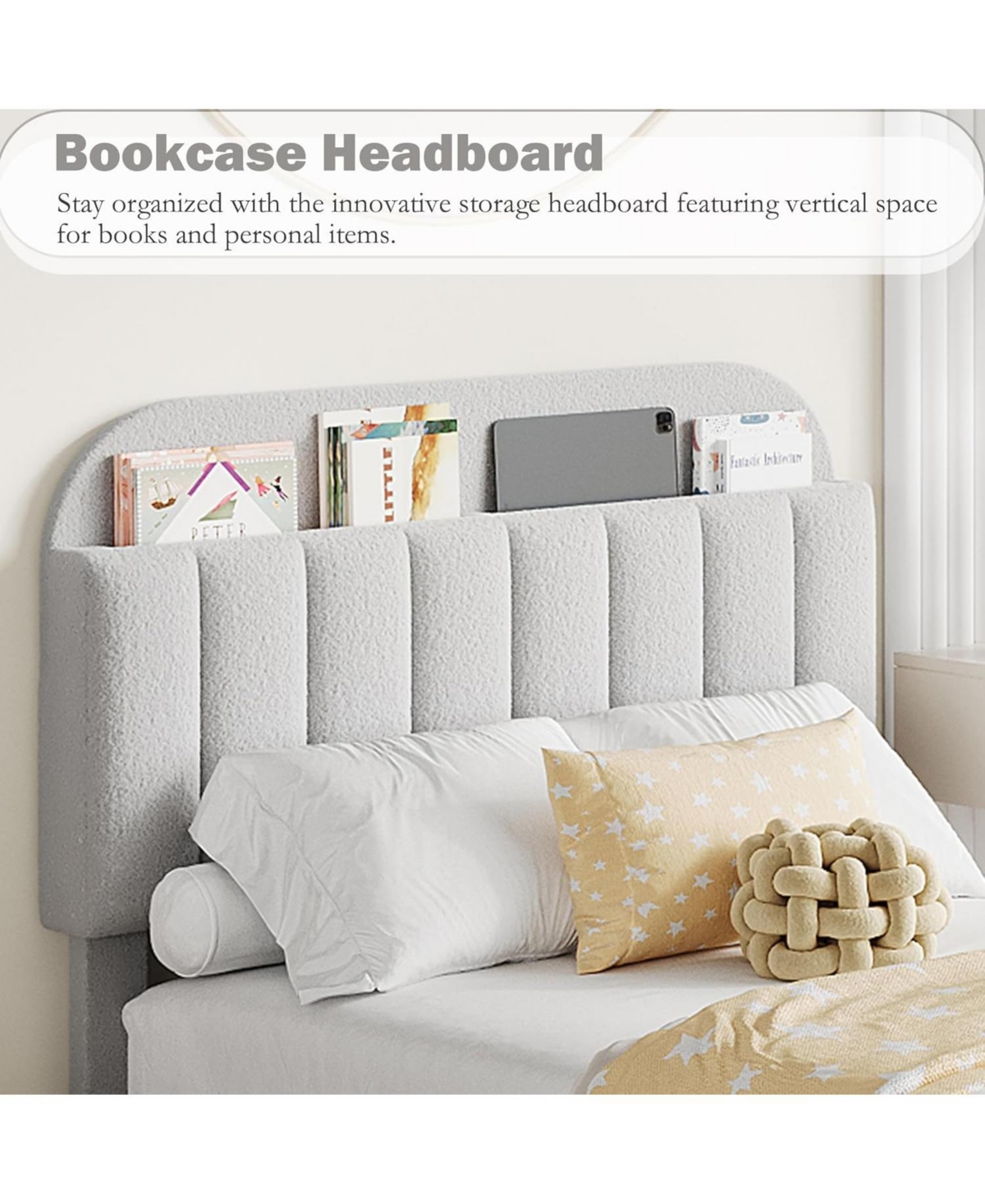 gaomon Bed Frame with Storage Headboard, Kids 2 Drawers, Boucle Upholstered Platform Bookcase
