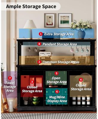 Farmhouse 55" Coffee Bar Cabinet with Sliding Barn Door & Power Outlet & LED Light, Large Kitchen Hutch with Sliding Barn Door