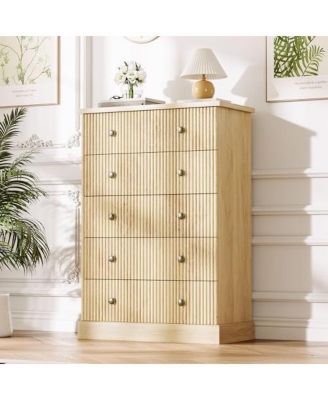 5 Drawer Dresser for Bedroom, Tall Vertical Chest of Drawers, Fluted Wood Dresser for Clothing Storage