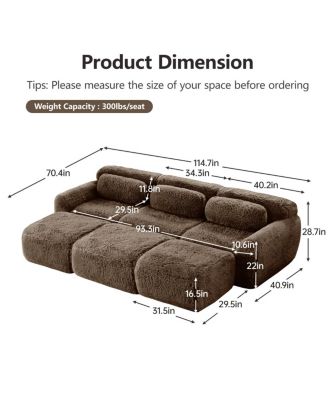 3-Seater Plush Fabric Sofa with Movable Ottoman, No Assembly Required