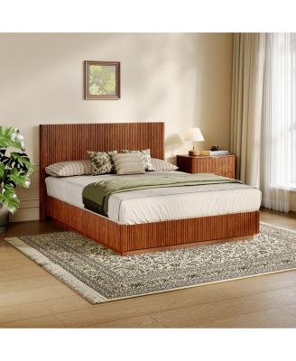 Queen Size Bed Frame with LED Lights, Modern Walnut Wood Design