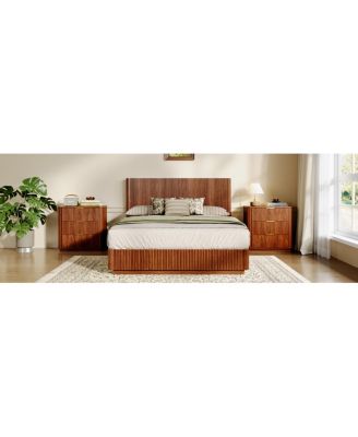 Queen Size Bed Frame with LED Lights, Modern Walnut Wood Design