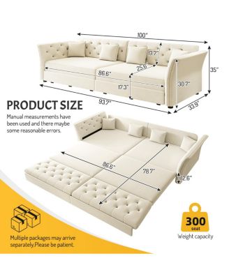 Oversize Pull Out Sofa Bed with Fabric Flower Tufted Design, Velvet Loveseat Bed