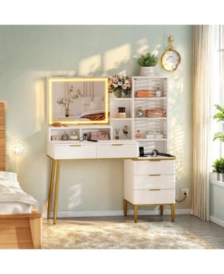 Modern Fluted Makeup Vanity Desk with Lighted Mirror, 5 Drawers and Power Outlet