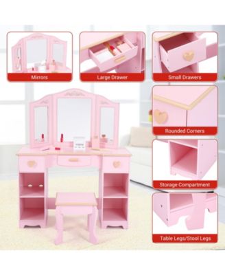 Kids Pretend Play Vanity Set with Tri-Fold Mirror and Stool