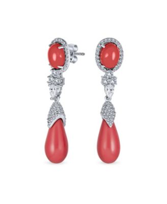 Classic CZ Accent Pink Orange Stone Teardrop Dangle Chandelier Earrings Silver Plated