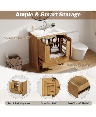30" Modern Bathroom Vanity with Ceramic Sink, Soft Close Doors, Spacious Storage Drawer, Natural Freestanding Cabinet