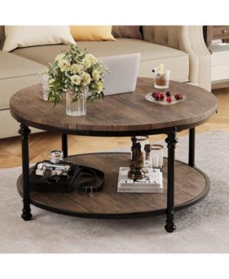Round Rustic 2-Tier Wood Coffee Table with Metal Legs and Storage Shelf