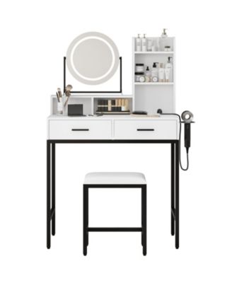 Makeup Vanity Set with Rotating Lighted Mirror, Stool, 2 Drawers and Power Outlet