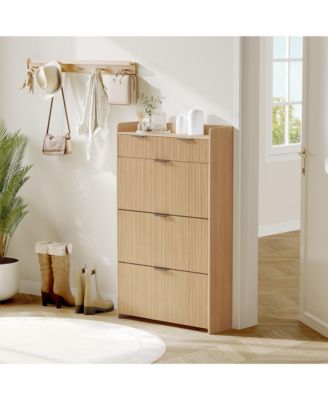 Modern Natural Shoe Cabinet with 3 Flip Drawers & 2 Small Drawers & Hook, Slim Fluted Shoe Storage Organizer, Narrow Entryway Cabinet