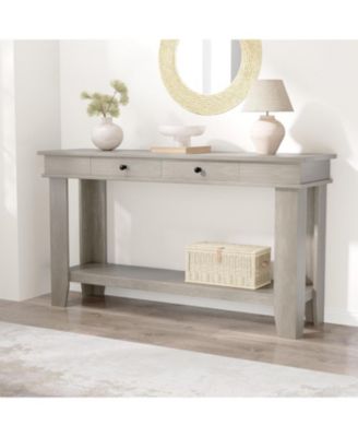 54" Farmhouse Rectangular Wooden Console Table with Drawers and Open Shelf