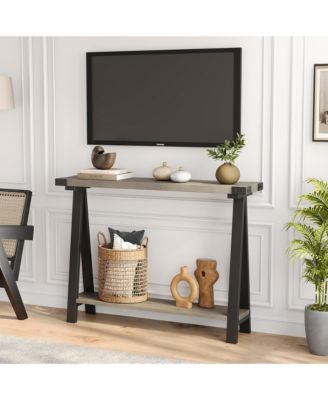 Narrow Farmhouse Console Table with V-Shaped Metal Legs and Open Shelf