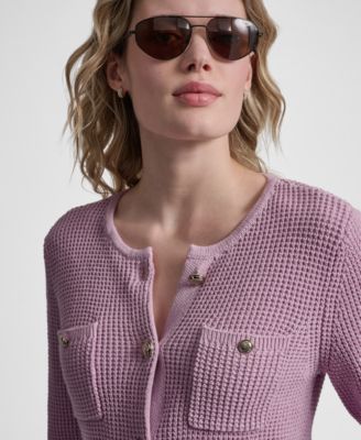 Women's Long-Sleeve Tuck Stitch Crewneck Cardigan