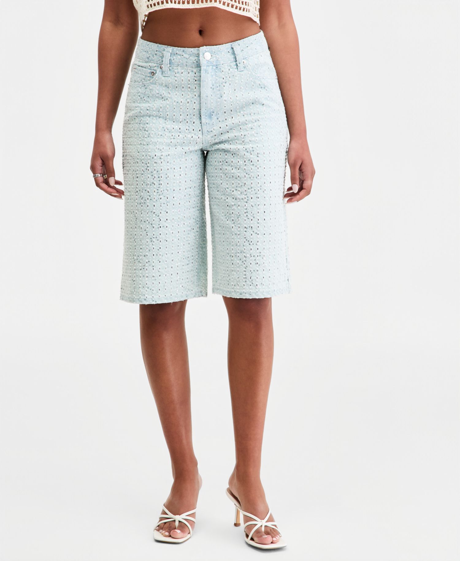 Women's Sequin Destructed Denim Bermuda Shorts