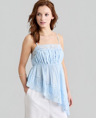 Petite Asymmetrical Lace Trim Pull-On Top