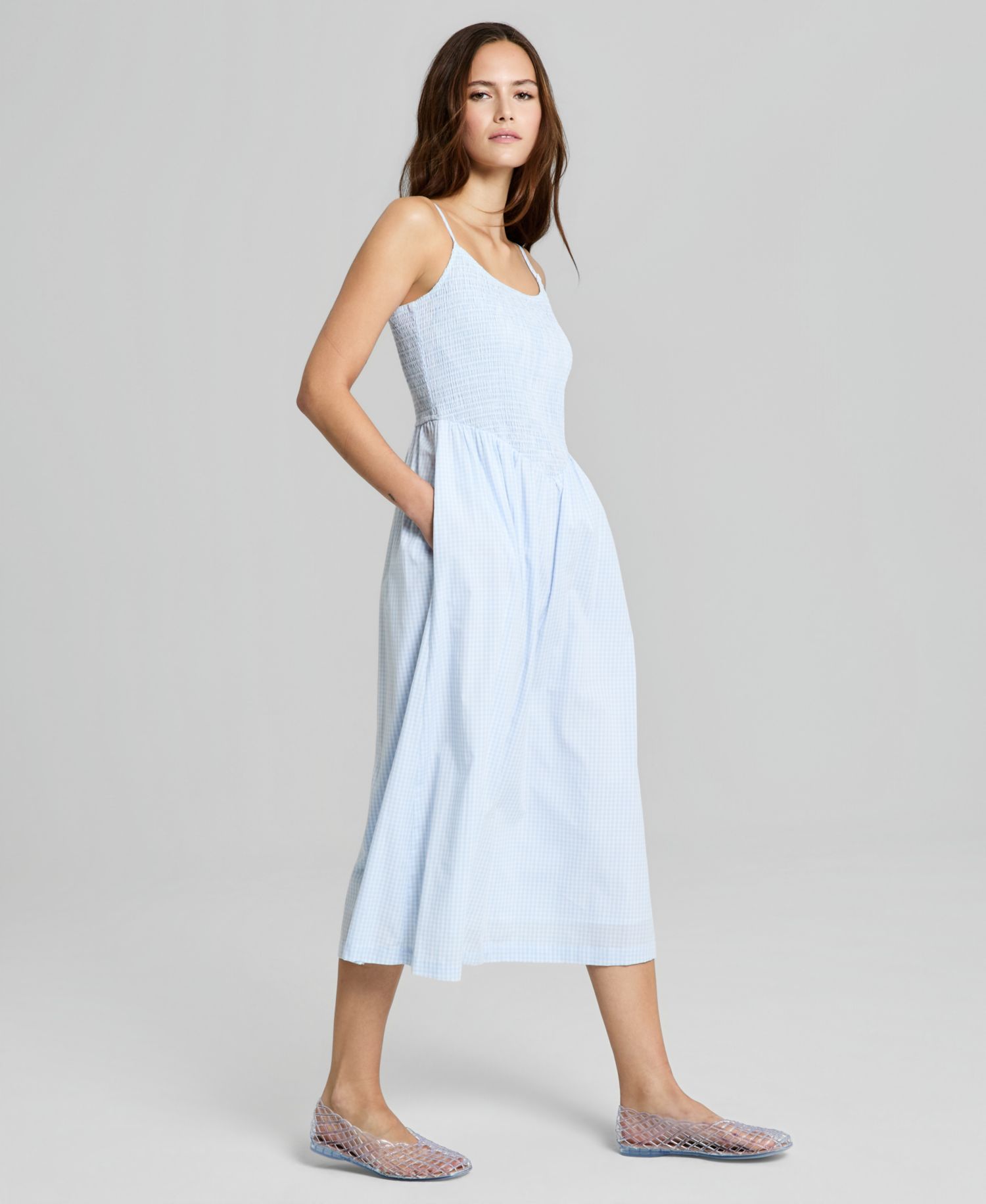 Women's Cotton Gingham Smocked Midi Dress