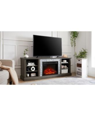 Large TV Desk Storage Rack with Faux Stacked Stone Surround, Media Console Table with Large Storage Cabinet, Modern TV Stand with 23" Fireplace Insert, GREY, 70.12" W15.35" D25.83" H