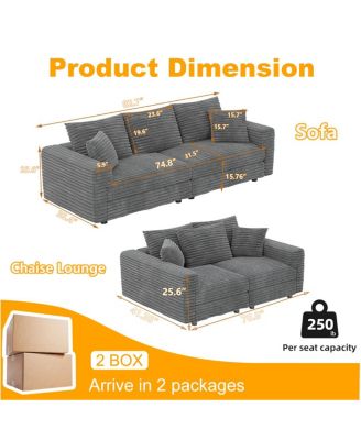 82.7" Corduroy Movable Ottoman 3 Seat Sofa