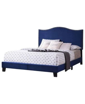 Transitional Upholstered Bed Velvet with Nailhead Trim and Espresso Wood Legs