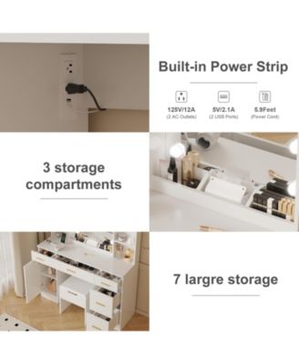 56" Farmhouse Makeup Vanity Set with Lighted Mirror, Shelves and Charging Station