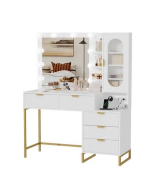 Modern Makeup Vanity Desk Set with Adjustable Mirror, Bench and Charging Station