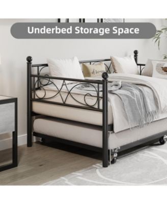 Twin Daybed with Trundle Metal Sofa Bed Frame Steel Slat Support Space Saving Furniture for Living Room or Bedroom